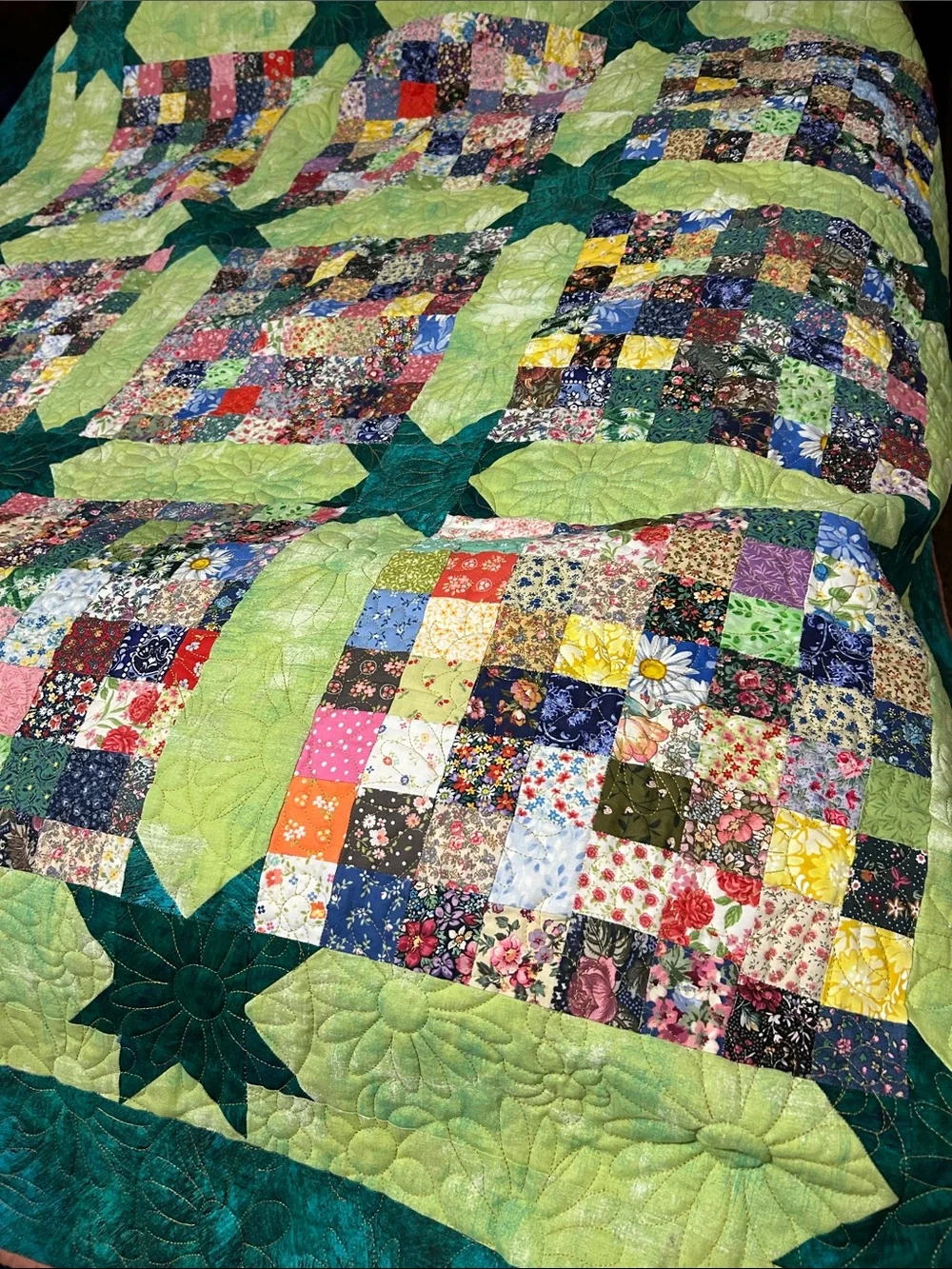 ONE OF A KIND - HANDCRAFTED Quilt in Multicolor and Green